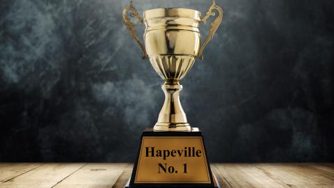 A photo of a golden trophy with a black backdrop and wood at its base. 