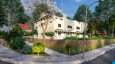 A rendering of a white and beige townhome project on a small hill under blue skies in Atlanta.