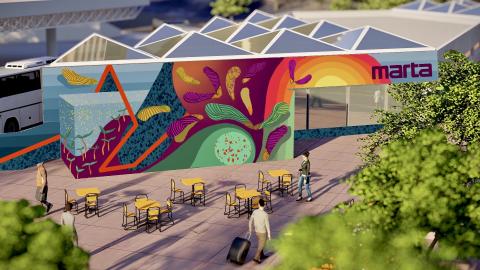 A rendering of a MARTA station with a large mural and a shipping container in front in Atlanta near a wide street. 