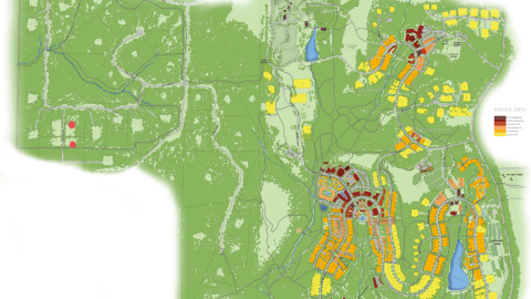 An overview of a wide swath of land with homesites outlined in various colors. 