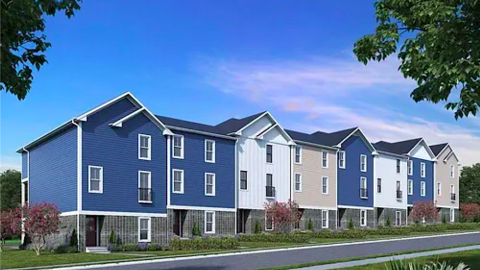 A rendering of a row of blue white and beige townhomes on a site near a wide street under blue skies.