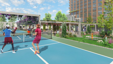 A rendering showing a tiered small urban park with pickleball and lounge areas in Atlanta near high-rises. 