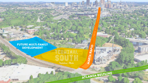 A rendering showing a large development site for a food hall and multifamily building south of downtown Atlanta.