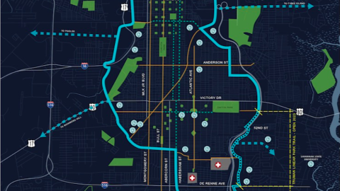 A map of a large city with a river at the top and a blue line representing a new bike trail loop.