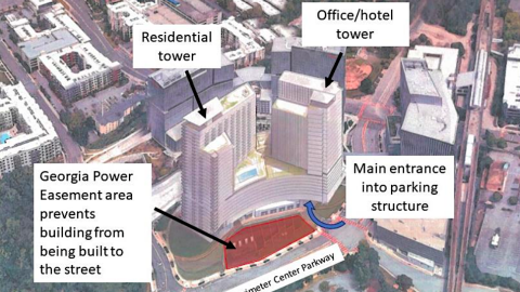 An image showing a large new tower complex surrounded by tall buildings next to wide streets and a rail line in suburban Atlanta, with words on the page. 