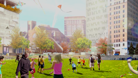 A rendering of a new park under blue skies between many buildings in downtown Atlanta.