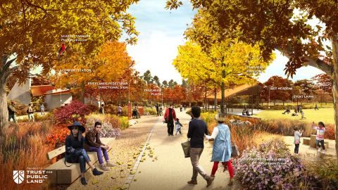 A rendering showing a large park area with autumn trees and wide paths and people sitting on new benches. 