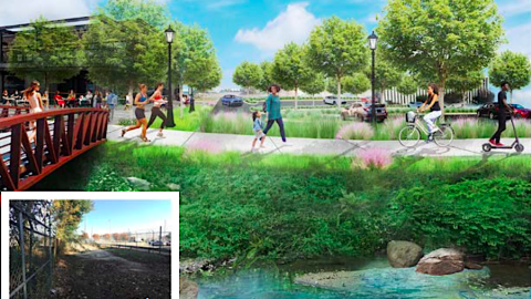 A rendering of people on a trail beside a blue green waterway under blue skies near Atlanta.