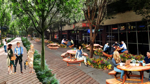 An image showing a street and spaces near it remade for people to lounge and socialize in Midtown Atlanta, in a rendering form. 