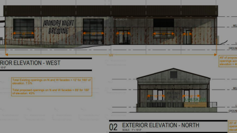 A rendering showing a large shed like building next to a railroad corridor where a brewery and pizza kitchen are planned. 