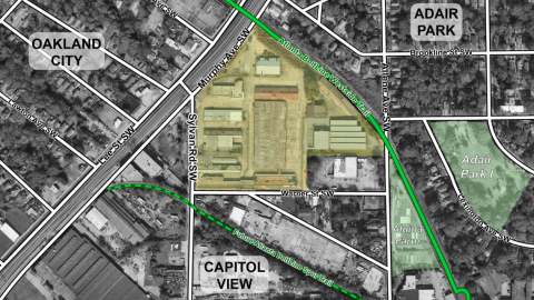 A map of an industrial site near a wide street and many homes in Atlanta. 