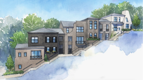 A rendering of a six upscale new homes on a very steep street under blue skies. 