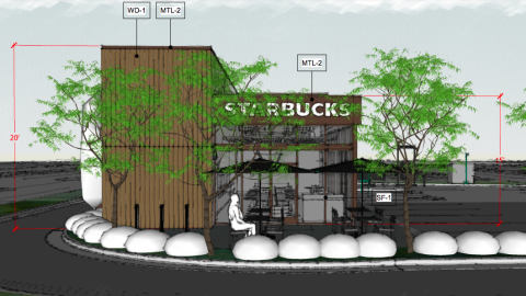 A rendering and site plan showing a new Starbucks building next to busy roads in Atlanta.