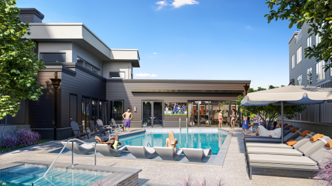 A rendering show a large new townhome project under blue skies with a nice pool area and clubhouse.