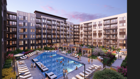 A rendering of a large white and gray new apartment complex in suburban Atlanta with a large pool. 