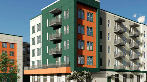 A rendering of a new construction site for mixed-use development with green and orange buildings under blue skies in Rome GA.