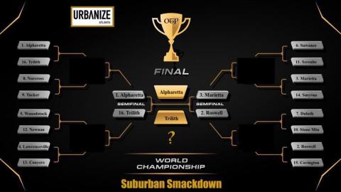 A black tournament bracket with gold and gray boxes for contestants in the tournament. 