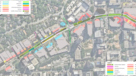 An overhead map showing a major street with many colors in the middle of Atlanta. 