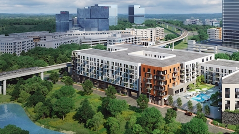 A rendering showing a modern style new apartment complex next to a train line near many trees and a pond. 