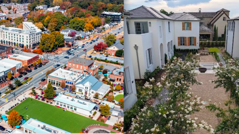 A split-screen image of two different cities in suburban atlatna with many buildings and small parks. 