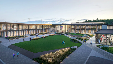 An image showing a massive new soccer headquarters facility with many fields south of Atlanta near many trees. 