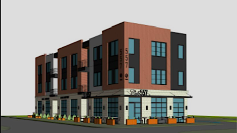 An image showing a brick and glass three-story building that is planned to take shape on a corner site in Westside Atlanta.