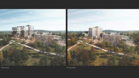 A rendering showing two versions of the same project along Atlanta's BeltLine near many trees. 