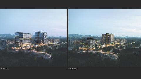 An image showing a large new development next to a neighborhood with many old trees and older homes next to the BeltLine path in Atlanta.