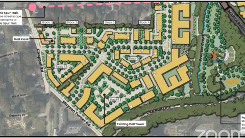 A drawing with thousands of new homes and parks shown connected to the BeltLine trail area in Atlanta near many trees.