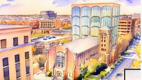 An image pertaining to the redevelopment of a downtown church in Atlanta to new housing with a glassy tower behind it. 