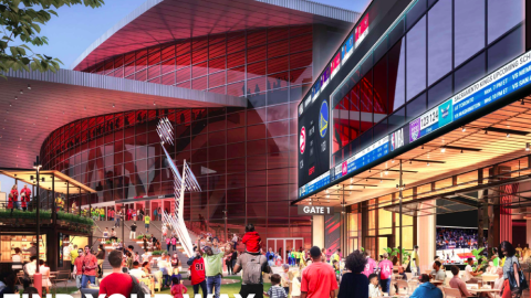 An image showing a large redone stadium with a new plaza and new corridors in downtown Atlanta with many customers around. 