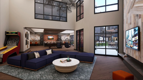 A rendering of a large new apartment complex with modern finished, a clubroom and a large pool with office nearby at the Braves stadium outside Atlanta.