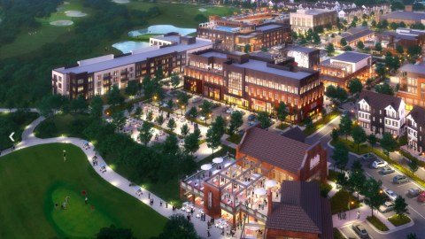 A rendering of a large mixed-use district surrounded by greenspace near a giant lake in Georgia. 