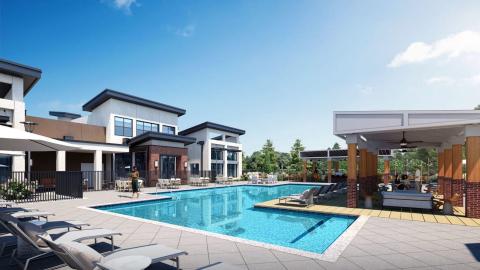 A rendering of a large pool area under blue skies next to many trees.