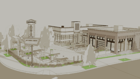 An image showing an arts district in a historic downtown with many old buildings near Atlanta beside wide streets.