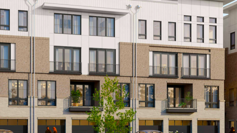 An image showing a site with a stack of varied condos with white and brick facades under blue skies and modern interiors.