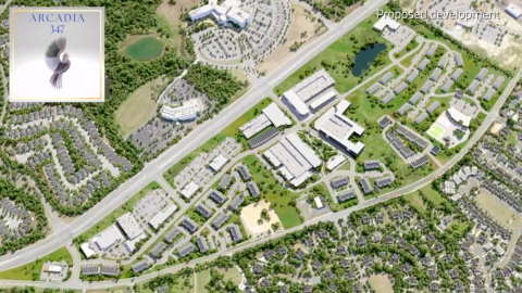 A rendering showing a large triangular development site next to a highway in the northern suburbs of Atlanta near many houses.