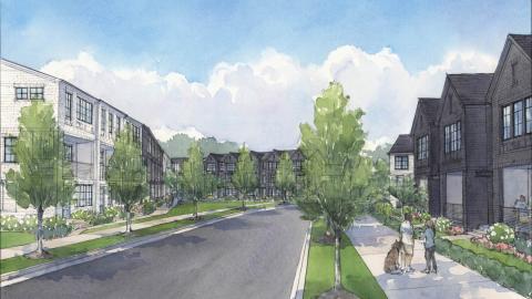 An image showing a site where 53 black and white townhomes are being constructed under blue skies in Atlanta in a new townhome community near many trees. 