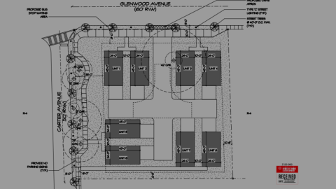 A site plan showing eight homes on a corner in Atlanta with streets on both sides. 