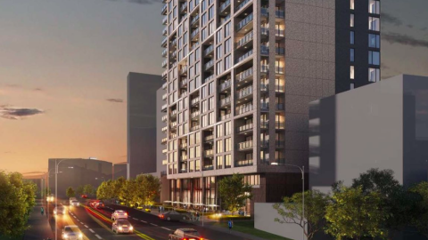 A rendering of a high-rise building next to a wide street in Midtown Atlanta under dark skies.