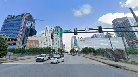 An image showing a bridge in Midtown Atlanta over a huge interstate where bike lanes and a cycletrack is planned. 