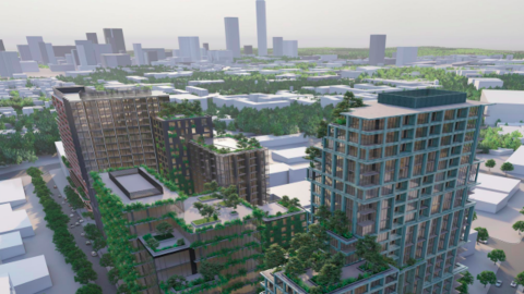 A rendering showing several new tall buildings with leafy exteriors and a huge city in the background.