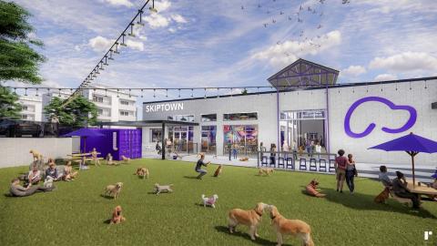 A rendering showing a new dog park next to a large building with a restaurant in Atlanta, under blue skies.