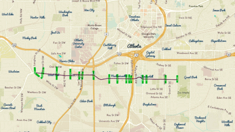 An image showing a long, three-mile route from a park west of downtown Atlanta to one on the east for bikes and pedestrians.