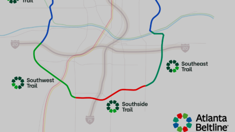 A graphic showing many trail in a loop around Atlanta in different colors. 