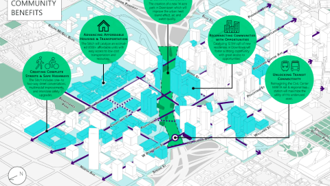 A rendering showing a large park in green and blue over a huge downtown highway. 