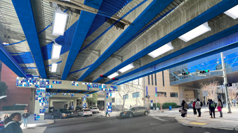 An rendering showing parts of downtown Atlanta painted blue for wayfinding near a huge campus.