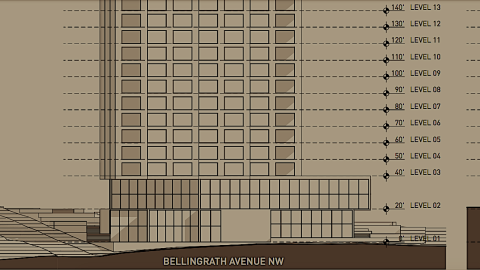 An image showing a low-rise industrial buildings site on Atlanta's Westside where three new blocky high rise buildings are proposed. 