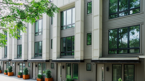 A photo of a four story townhome with a white and brown facade and modern exteriors with white interiors and nice furniture. 