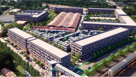 An overview of a huge development site next to active rail tracks and a long walking path with many buildings and trees.